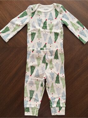 Carter's White Waffle Knit Pajama Top and Pants with Tree Print